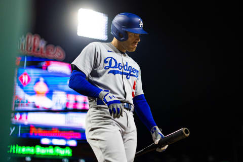 Jun 9, 2023; Philadelphia, Pennsylvania, USA; Los Angeles Dodgers first baseman Freddie Freeman (5) prepares to bat during the seventh inning against the Philadelphia Phillies at Citizens Bank Park. Mandatory Credit: Bill Streicher-USA TODAY Sports