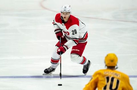 NASHVILLE, TN – MARCH 9: Sebastian Aho #20 of the Carolina Hurricanes skates against the Nashville Predators at Bridgestone Arena on March 9, 2019, in Nashville, Tennessee. (Photo by Ronald C. Modra/NHL/Getty Images)