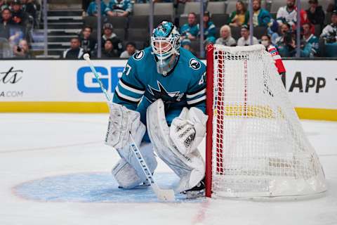 Oct 29, 2022; San Jose, California, USA; San Jose Sharks goaltender James Reimer (47) watches the play during the first period against the Tampa Bay Lightning at SAP Center at San Jose. Mandatory Credit: Robert Edwards-USA TODAY Sports