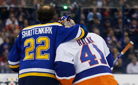 COLUMBUS, OH – JANUARY 24: Kevin Shattenkirk #22 of the St. Louis Blues and Team Foligno and Jaroslav Halak #41 of the New York Islanders and Team Toews hug during the Discover NHL Shootout event of the 2015 Honda NHL All-Star Skills Competition at Nationwide Arena on January 24, 2015 in Columbus, Ohio. (Photo by Kirk Irwin/Getty Images)