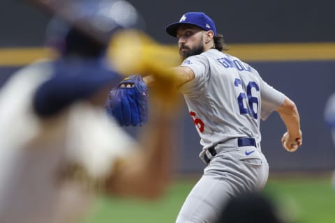 Aug 17, 2022; Milwaukee, Wisconsin, USA; Los Angeles Dodgers pitcher Tony Gonsolin (26) throws a pitch during the first inning against the Milwaukee Brewers at American Family Field. Mandatory Credit: Jeff Hanisch-USA TODAY Sports