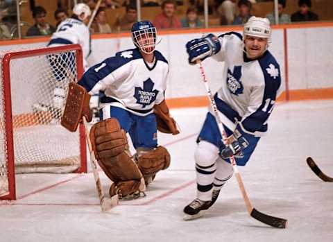 Tim Bernhardt #1 and Wendel Clark #17 of the Toronto Maple Leafs – 1985 (Photo by Graig Abel/Getty Images)