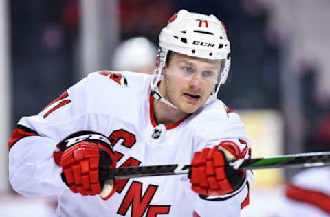 CALGARY, AB – DECEMBER 14: Carolina Hurricanes Center Lucas Wallmark (71) warms up before an NHL game where the Calgary Flames hosted the Carolina Hurricanes on December 14, 2019, at the Scotiabank Saddledome in Calgary, AB. (Photo by Brett Holmes/Icon Sportswire via Getty Images)