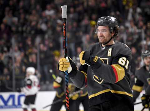 Mark Stone #61 of the Vegas Golden Knights celebrates after scoring his second first-period goal against the Arizona Coyotes. (Photo by Ethan Miller/Getty Images)