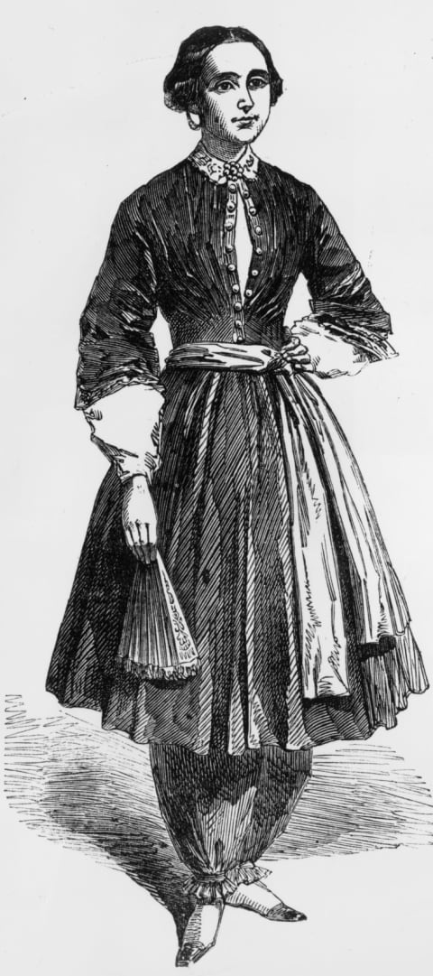 Amelia Bloomer in the outfit she designed, with "bloomers"