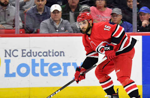 RALEIGH, NORTH CAROLINA – FEBRUARY 25: Vincent Trocheck #16 of the Carolina Hurricanes in action against the Dallas Stars during a game at PNC Arena on February 25, 2020 in Raleigh, North Carolina. (Photo by Grant Halverson/Getty Images)