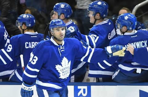 Nov 26, 2016; Toronto, Ontario, CAN; Toronto Maple Leafs forward Nazem Kadri (43) celebrates a goal against Washington Capitals with teammates at the bench in the third period at Air Canada Centre. The Leafs won 4-2. Mandatory Credit: Dan Hamilton-USA TODAY Sports