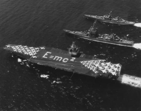 The world's first nuclear-powered aircraft carrier, the USS ‘Enterprise,’  gives Einstein a shout-out in 1964.