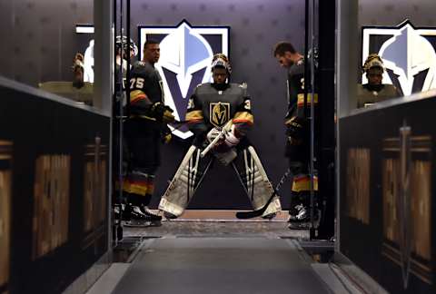 LAS VEGAS, NV – MARCH 21: The Vegas Golden Knights prepare to take the ice prior to a game against the Winnipeg Jets at T-Mobile Arena on March 21, 2019 in Las Vegas, Nevada. (Photo by David Becker/NHLI via Getty Images)