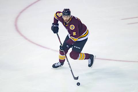 ROSEMONT, IL – JUNE 06: Chicago Wolves defenseman Nic Hague (2) controls the puck during game four of the AHL Calder Cup Finals between the Charlotte Checkers and the Chicago Wolves on June 6, 2019, at the Allstate Arena in Rosemont, IL. (Photo by Patrick Gorski/Icon Sportswire via Getty Images)