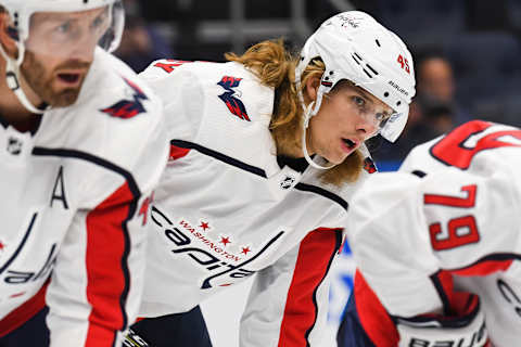 QUEBEC CITY, QC – SEPTEMBER 20: Washington Capitals left wing Axel Jonsson-Fjallby (45) waits for a faceoff during the Washington Capitals versus the Montreal Canadiens preseason game on September 20, 2018, at Centre Videotron in Quebec City, QC (Photo by David Kirouac/Icon Sportswire via Getty Images)