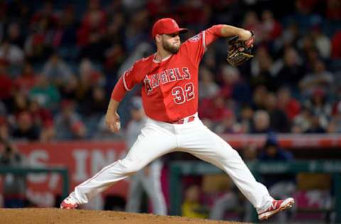 April 8, 2017; Anaheim, CA, USA; Los Angeles Angels relief pitcher Cam Bedrosian (32) throws in the ninth inning against the Seattle Mariners at Angel Stadium of Anaheim. Mandatory Credit: Gary A. Vasquez-USA TODAY Sports