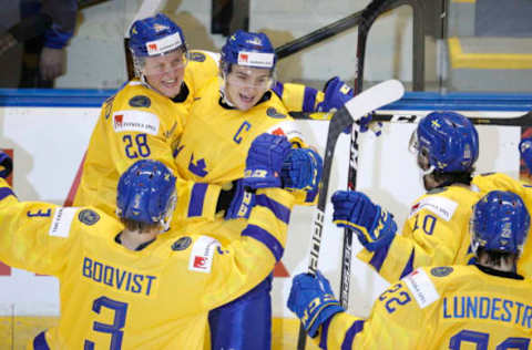 VICTORIA, BC – DECEMBER 26: Adam Boqvist #3, Fabian Zetterlund #28, Erik Brannstrom #12, Emil Bemstrom #10 and Isac Lundestrom #22 of Sweden celebrate a goal versus Finland at the IIHF World Junior Championships at the Save-on-Foods Memorial Centre on December 26, 2018 in Victoria, British Columbia, Canada. (Photo by Kevin Light/Getty Images)