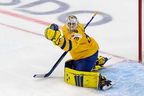 Goaltender Hugo Alnefelt #30 of Sweden. (Photo by Codie McLachlan/Getty Images)