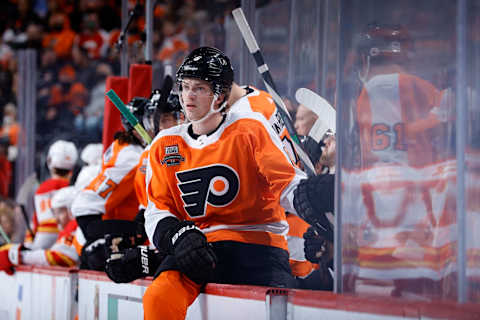 PHILADELPHIA, PENNSYLVANIA – NOVEMBER 16: Travis Sanheim #6 of the Philadelphia Flyers looks on against the Calgary Flames at Wells Fargo Center on November 16, 2021 in Philadelphia, Pennsylvania. (Photo by Tim Nwachukwu/Getty Images)