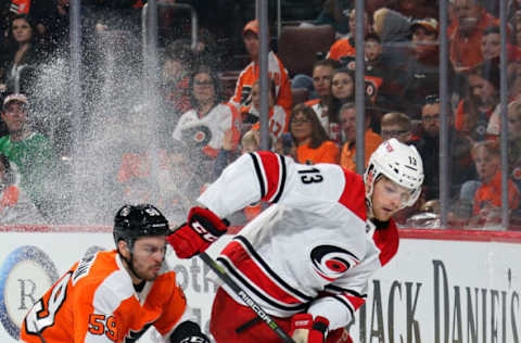 PHILADELPHIA, PA – APRIL 06: Mark Friedman #59 of the Philadelphia Flyers pursues Warren Foegele #13 of the Carolina Hurricanes on April 6, 2019 at the Wells Fargo Center in Philadelphia, Pennsylvania. Tonight, is Friedman’s NHL debut. (Photo by Len Redkoles/NHLI via Getty Images)