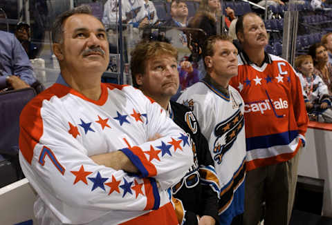 Yvon Labre, Dale Hunter, Calle Johansson, Rod Langway, Washington Capitals (Photo By Mitchell Layton/Getty Images)