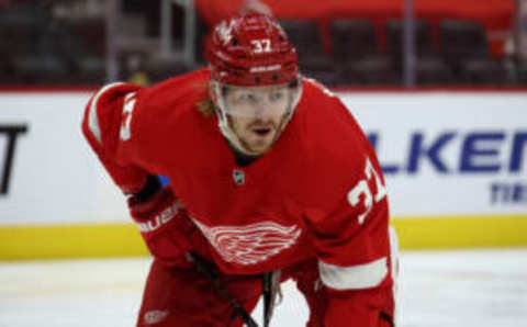 DETROIT, MICHIGAN – MARCH 28: Evgeny Svechnikov #37 of the Detroit Red Wings skates against the Columbus Blue Jackets at Little Caesars Arena on March 28, 2021 in Detroit, Michigan. (Photo by Gregory Shamus/Getty Images)