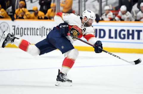 Apr 27, 2021; Nashville, Tennessee, USA; Florida Panthers defenseman Keith Yandle (3) attempts a shot during the second period against the Nashville Predators at Bridgestone Arena. Mandatory Credit: Christopher Hanewinckel-USA TODAY Sports