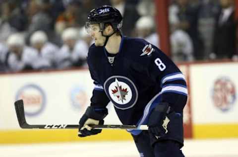 Nov 13, 2016; Winnipeg, Manitoba, CAN; Winnipeg Jets defenseman Jacob Trouba (8) makes his first appearance back in Winnipeg against the Los Angeles Kings during the first period at MTS Centre. Mandatory Credit: Bruce Fedyck-USA TODAY Sports