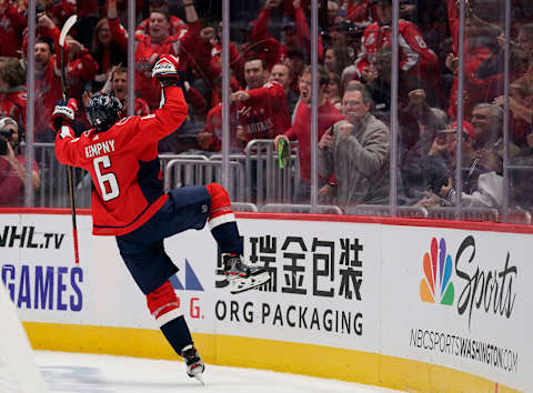 WASHINGTON, DC – OCTOBER 18: Michal Kempny #6 of the Washington Capitals celebrates after scoring a goal in the first period against the New York Rangers at Capital One Arena on October 18, 2019 in Washington, DC. (Photo by Patrick McDermott/NHLI via Getty Images)