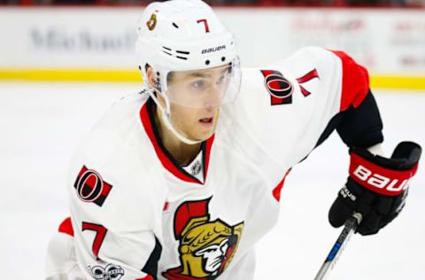 Feb 24, 2017; Raleigh, NC, USA; Ottawa Senators forward Kyle Turris (7) skates with the puck against the Carolina Hurricanes at PNC Arena. The Carolina Hurricanes defeated the Ottawa Senators 3-0. Mandatory Credit: James Guillory-USA TODAY Sports