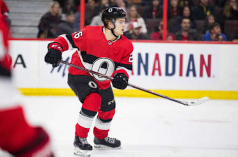 OTTAWA, ON – MARCH 14: Ottawa Senators Defenceman Erik Brannstrom (26) keeps eyes on the play during first period National Hockey League action between the St. Louis Blues and Ottawa Senators on March 14, 2019, at Canadian Tire Centre in Ottawa, ON, Canada. (Photo by Richard A. Whittaker/Icon Sportswire via Getty Images)