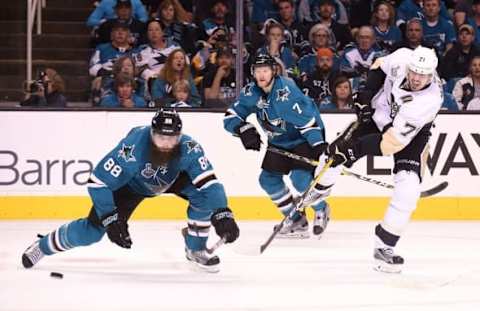 Jun 12, 2016; San Jose, CA, USA; Pittsburgh Penguins center Evgeni Malkin (71) takes a shot against San Jose Sharks defenseman Brent Burns (88) in the second period in game six of the 2016 Stanley Cup Final at SAP Center at San Jose. Mandatory Credit: Gary A. Vasquez-USA TODAY Sports