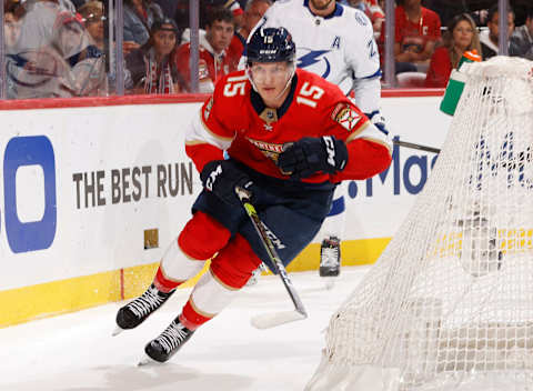 SUNRISE, FL – MAY 19: Anton Lundell #15 of the Florida Panthers skates after a loose puck against the Tampa Bay Lightning in Game Two of the Second Round of the 2022 NHL Stanley Cup Playoffs at the FLA Live Arena on May 19, 2022 in Sunrise, Florida. The Lightning defeated the Panthers 2-1. (Photo by Joel Auerbach/Getty Images)