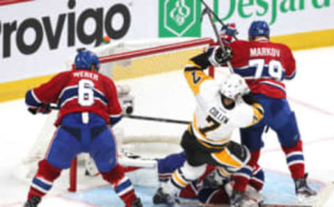 Pittsburgh Penguins center Matt Cullen (7) crashes into Montreal Canadiens goalie Al Montoya (35) as defensemen Shea Weber (6) and Andrei Markov (79) defend (Jean-Yves Ahern-USA TODAY Sports)