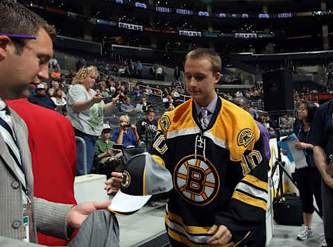 LOS ANGELES, CA – JUNE 26: Ryan Spooner reacts after being drafted by the Boston Bruins in the second round during day two of the 2010 NHL Entry Draft at Staples Center on June 26, 2010 in Los Angeles, California. (Photo by Bruce Bennett/Getty Images)