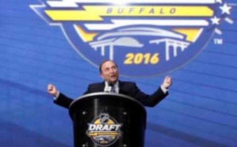 Jun 24, 2016; Buffalo, NY, USA; NHL commissioner Gary Bettman speaks on stage before the start of the first round of the 2016 NHL Draft at the First Niagra Center. Mandatory Credit: Timothy T. Ludwig-USA TODAY Sports