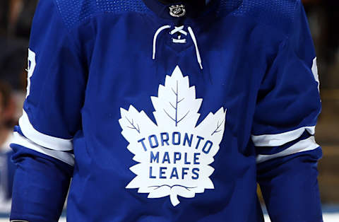 TORONTO, ON – OCTOBER 02: Toronto Maple Leafs logo on jersey during an NHL game against the Ottawa Senators at Scotiabank Arena on October 2, 2019 in Toronto, Canada. (Photo by Vaughn Ridley/Getty Images)