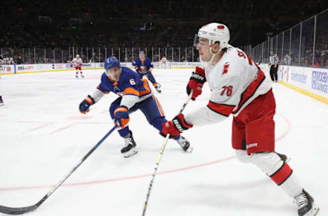 Brady Skjei #76 of the Carolina Hurricanes (Photo by Bruce Bennett/Getty Images)