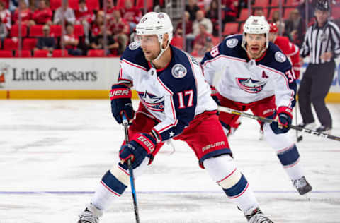 DETROIT, MI – OCTOBER 04: Brandon Dubinsky #17 of the Columbus Blue Jackets controls the puck against the Detroit Red Wings during an NHL game at Little Caesars Arena on October 4, 2018 in Detroit, Michigan. Columbus defeated Detroit 3-2 in overtime. (Photo by Dave Reginek/NHLI via Getty Images)