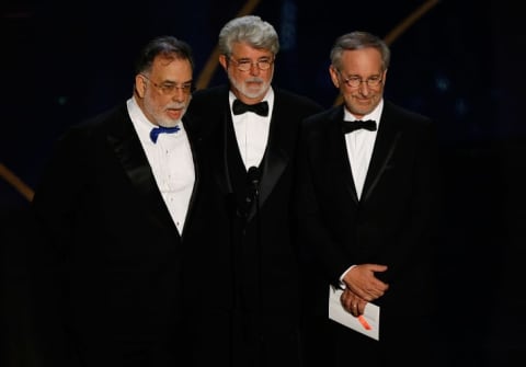 Francis Ford Coppola, George Lucas, and Steven Spielberg present the Best Director Oscar to Martin Scorsese at the 2007 Academy Awards