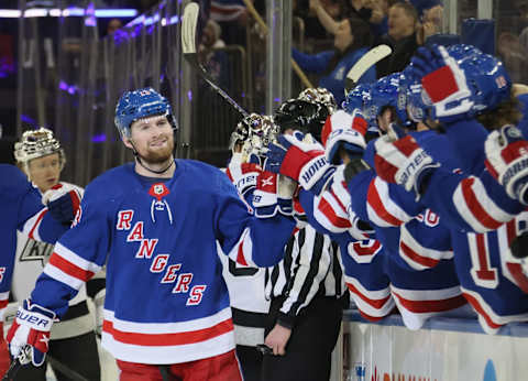 Alexis Lafreniere of the New York Rangers celebrates his first-period goal against the Los Angeles Kings | Photo by Bruce Bennett for Getty Images