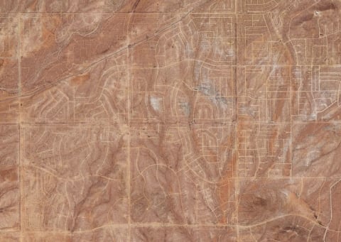 A satellite image of California City, whose square mileage makes it bigger than Redwood National Park.