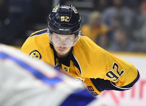 Nashville Predators center Ryan Johansen (92) looks on against the New York Islanders. Mandatory Credit: Christopher Hanewinckel-USA TODAY Sports