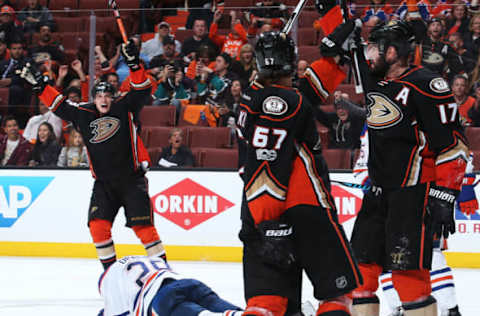 ANAHEIM, CA: Jakob Silfverberg #33, Rickard Rakell #67, and Ryan Kesler #17 of the Anaheim Ducks celebrate a third-period goal the Edmonton Oilers in Game Five of the 2017 Western Conference Second Round on May 5, 2017. (Photo by Debora Robinson/NHLI via Getty Images)