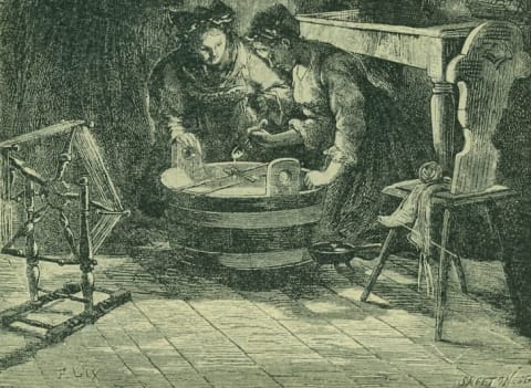 A drawing of women practicing divination with lead or wax