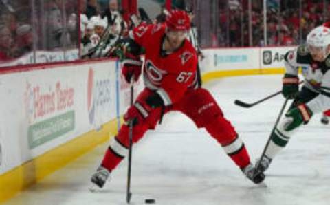 Jan 19, 2023; Raleigh, North Carolina, USA; Carolina Hurricanes left wing Max Pacioretty (67) skates with the puck against the Minnesota Wild during the first period at PNC Arena. Mandatory Credit: James Guillory-USA TODAY Sports