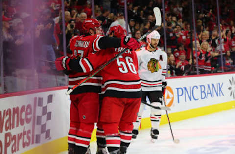 RALEIGH, NC – OCTOBER 26: Carolina Hurricanes right wing Andrei Svechnikov (37) celebrates his goal with Carolina Hurricanes during the 1st period of the Carolina Hurricanes game versus the Chicago Blackhawks on October 26th, 2019 at PNC Arena in Raleigh, NC. (Photo by Jaylynn Nash/Icon Sportswire via Getty Images)