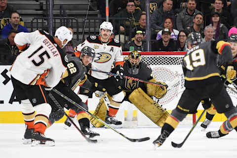 LAS VEGAS, NV – NOVEMBER 14: Marc-Andre Fleury #29 of the Vegas Golden Knights tends goal during the third period against the Anaheim Ducks at T-Mobile Arena on November 14, 2018 in Las Vegas, Nevada. (Photo by Jeff Bottari/NHLI via Getty Images)