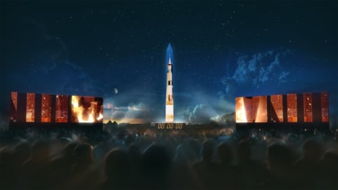 An illustration of what the Saturn V projection will look like on the Washington Monument.