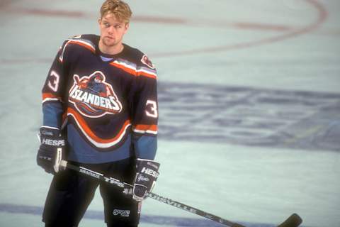 LANDOVER, MD – JANUARY 27: Ken Belanger #33 of the New York Islanders looks on during warm-ups of a hockey game against the Washington Capitals on January 27, 1995 at the USAir Arena in Landover, Maryland. (Photo by Mitchell Layton/Getty Images)