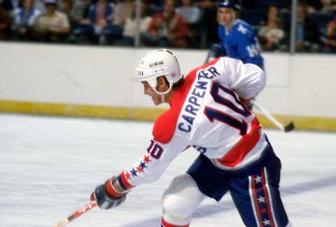 LANDOVER, MD – CIRCA 1981: Bobby Carpenter #10 of the Washington Capitals skates against the Quebec Nordiques during an NHL Hockey game circa 1981 at the Capital Centre in Landover, Maryland. Carpenter’s playing career went from 1981-99. (Photo by Focus on Sport/Getty Images)