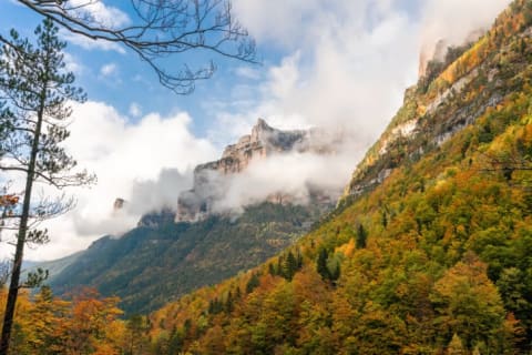 Monte Perdido surrounded by fall foliage.