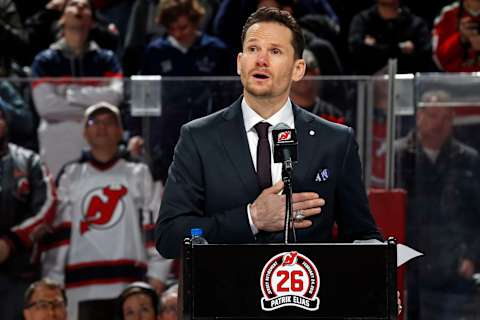 Former New Jersey Devil Patrik Elias speaks during his #26 jersey retirement. (Photo by Adam Hunger/Getty Images)