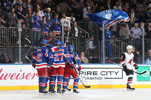 NEW YORK, NY – OCTOBER 26: Members of the New York Rangers celebrate a goal in the first period against the Arizona Coyotes at Madison Square Garden on October 26, 2017 in New York City. (Photo by Jared Silber/NHLI via Getty Images)